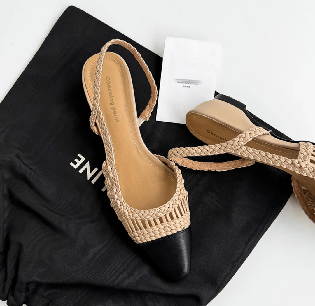气质编织镂空粗跟包头凉鞋女2025夏新款小香风拼色方头中跟罗马鞋