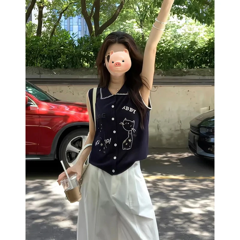 法式翻领卡通刺绣冰丝亚麻针织背心女夏季设计感小众修身无袖上衣