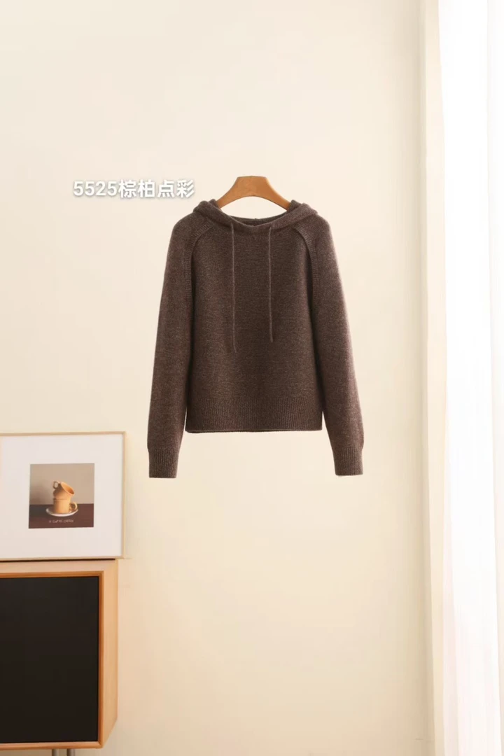 100%山羊绒帽衫彩色花纱加厚抽绳休闲百搭5525