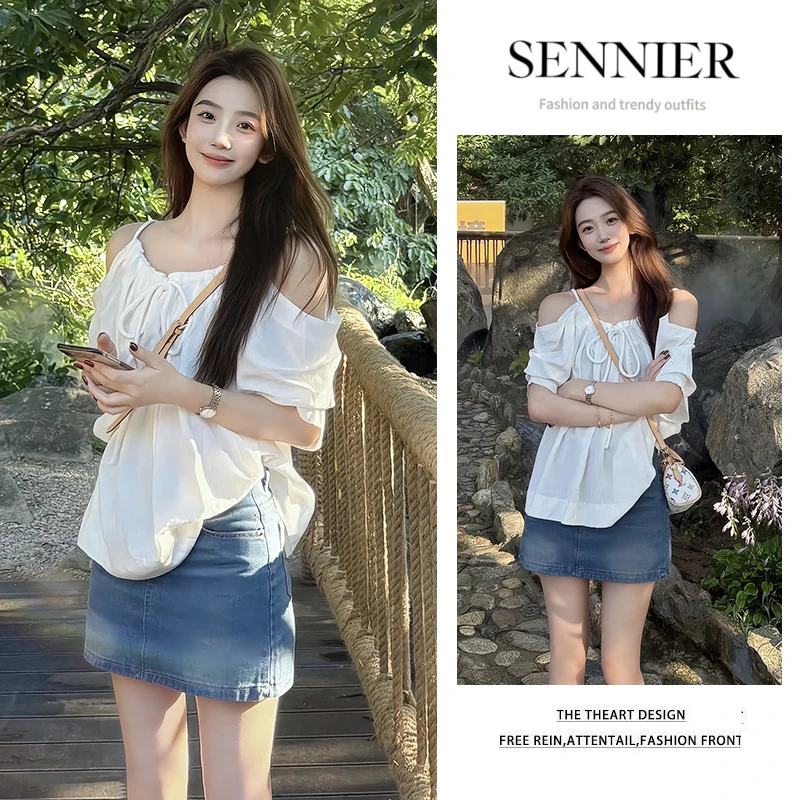 今年流行穿搭2025夏季新款设计感露肩系带衬衫上衣牛仔短裙两件套