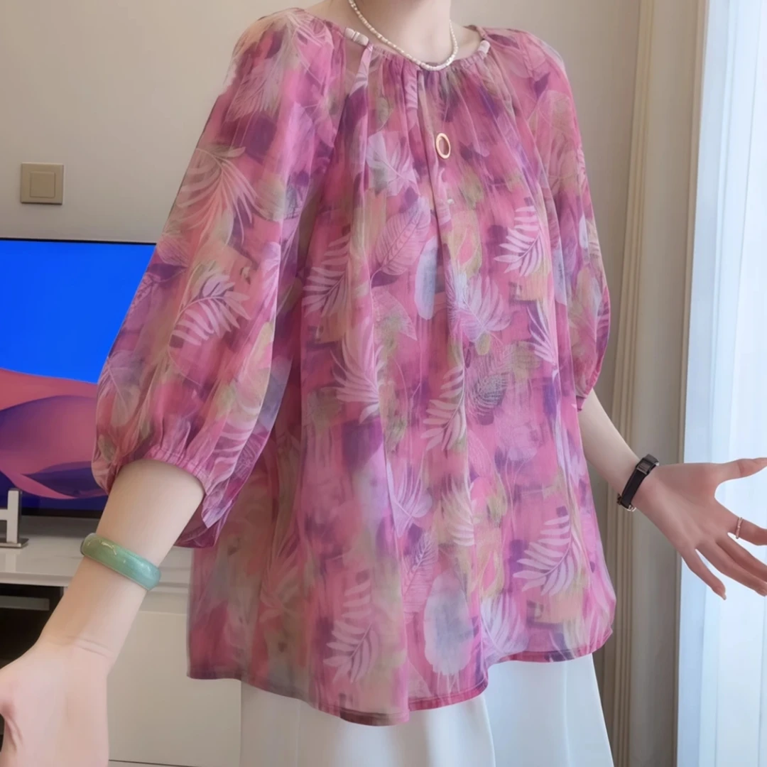 2025独特新款温柔减龄锁骨钉珠系带宽松显瘦时尚百搭洋气上衣女潮