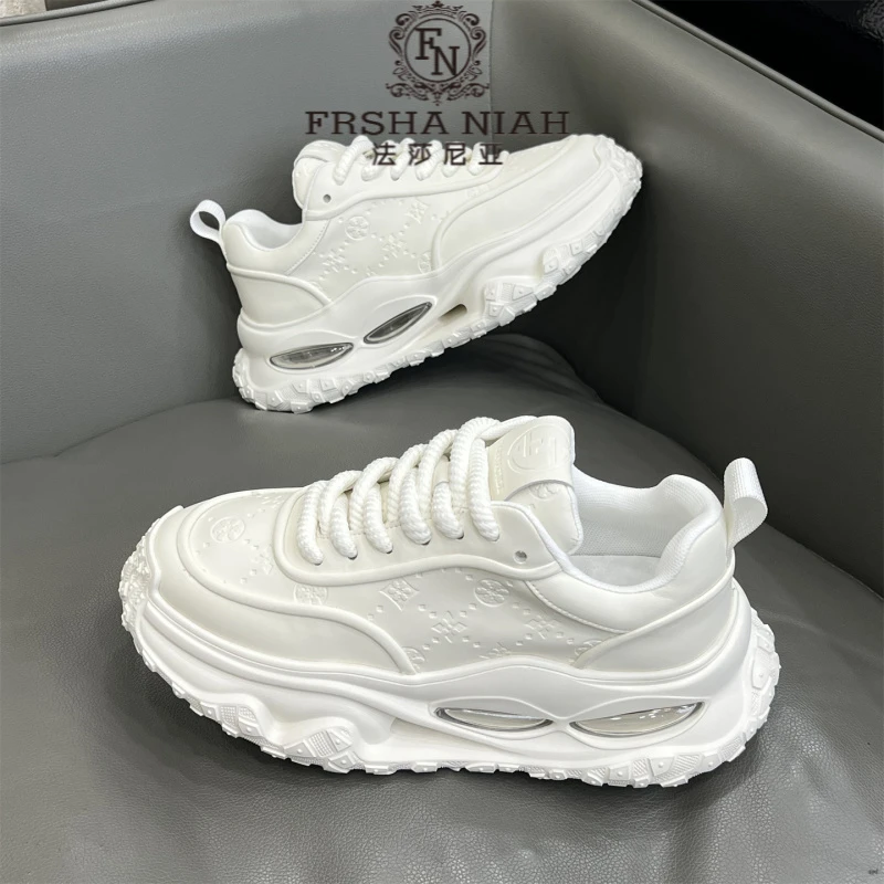 法莎尼亚男鞋秋季新款气垫厚底增高老爹鞋皮面小白鞋男运动休闲鞋