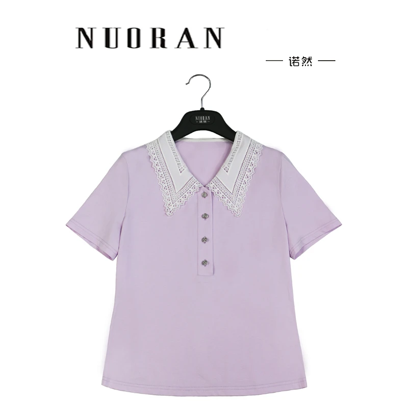 短袖黑色夏装蕾丝娃娃领短袖小个子T恤重工Polo