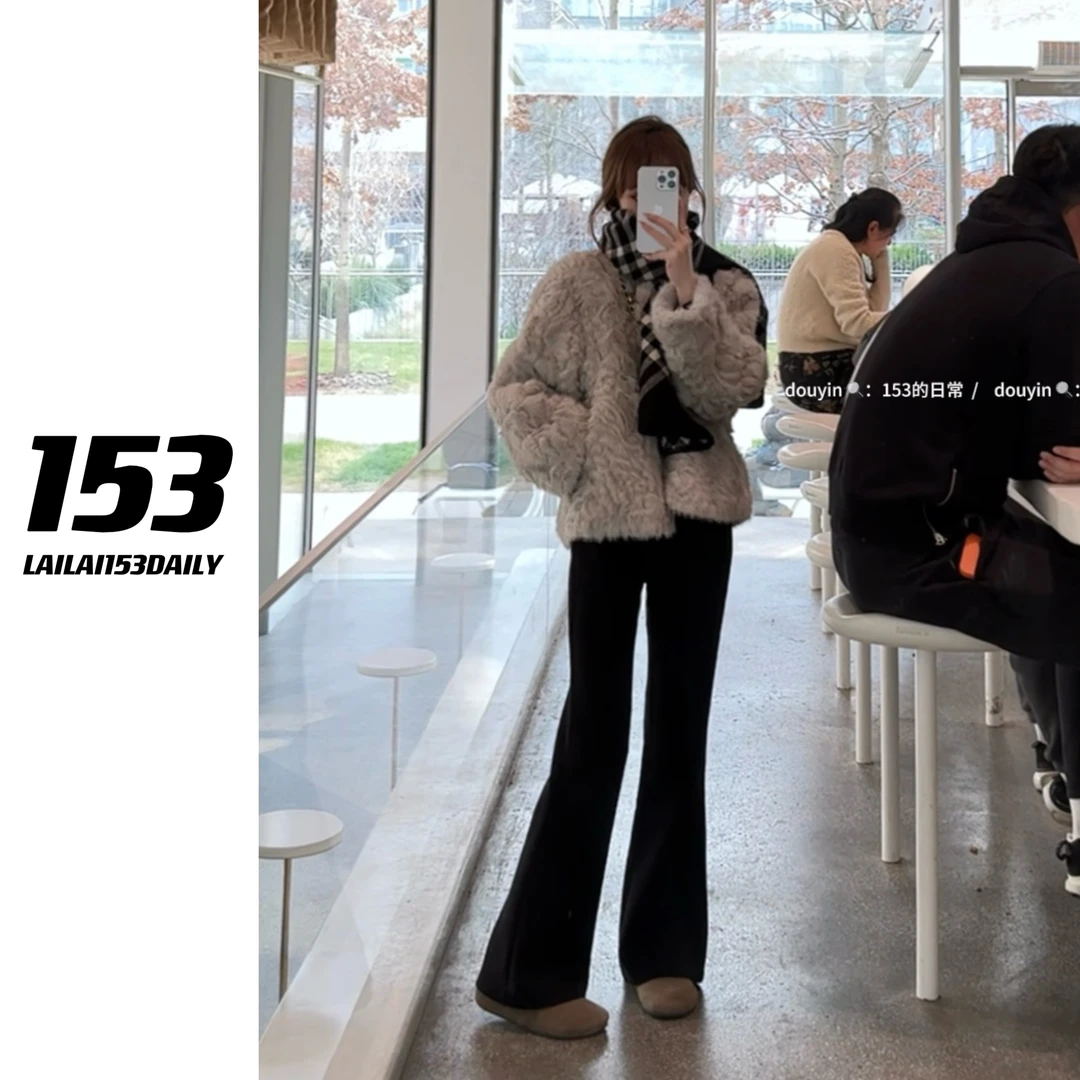 【153的日常】棉绒微喇裤显瘦休闲百搭黑色修身秋冬拖地裤24QK095