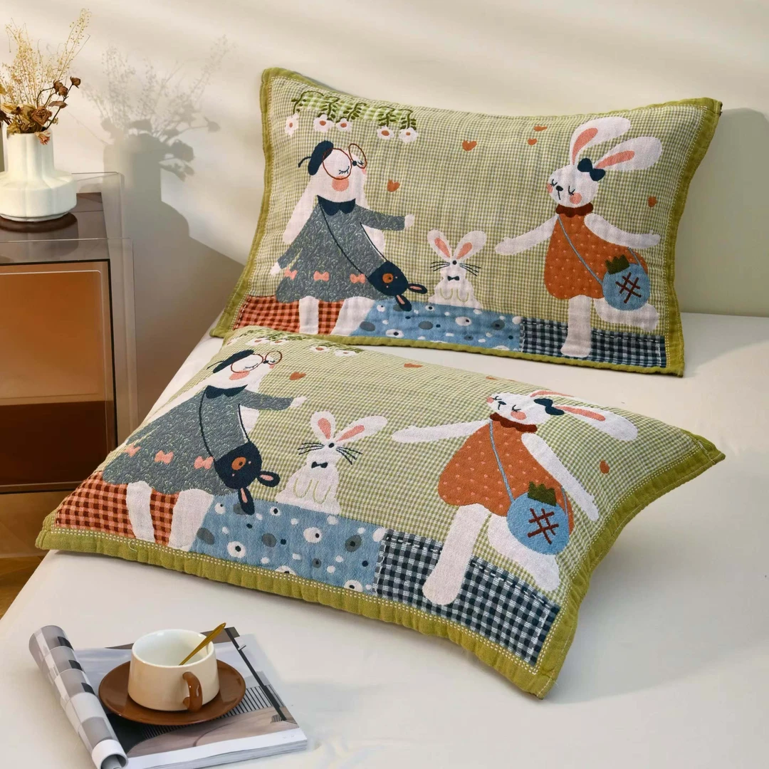 【MJ】韩版卡通全棉水洗棉枕巾一对装枕头套盖巾吸汗透气柔软