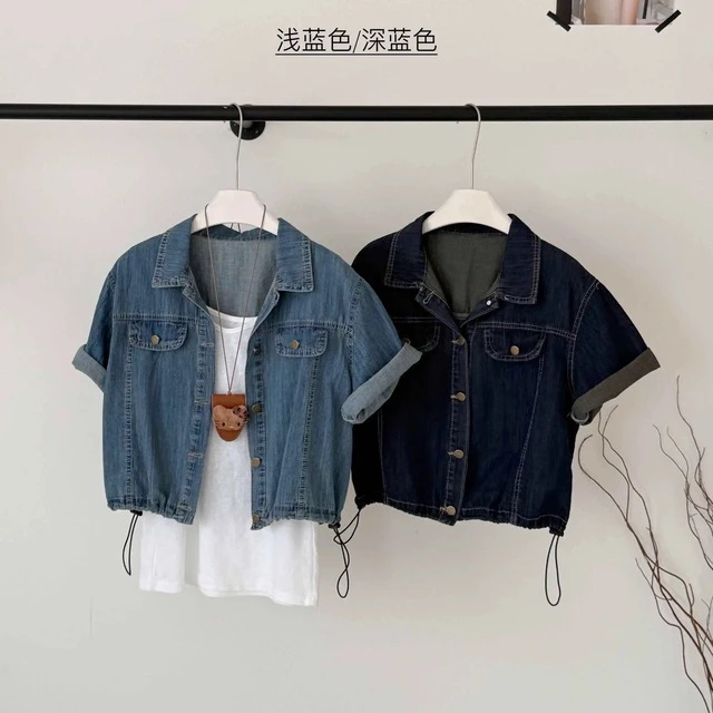 港风牛仔短袖衬衫外套女2025夏季新款薄款小个子抽绳复古短款上衣