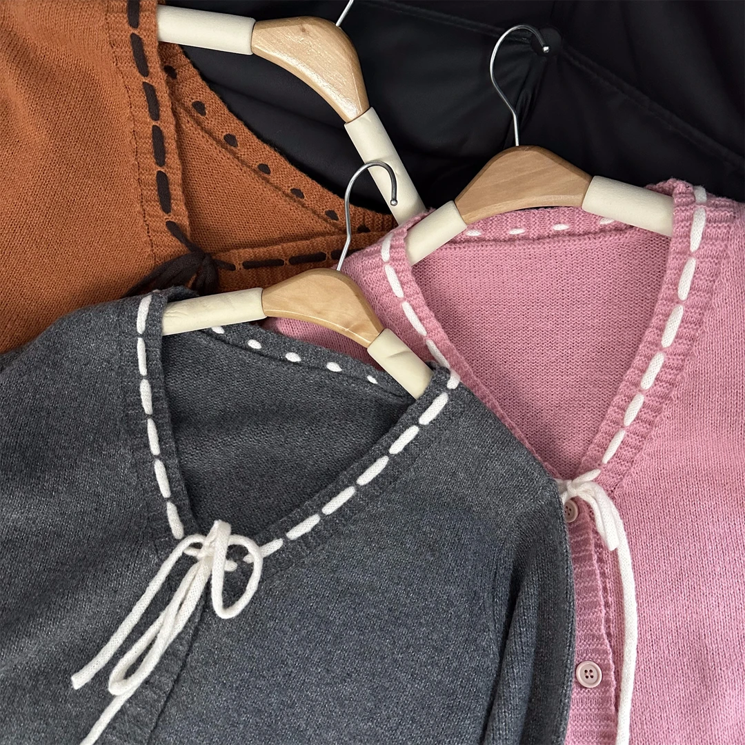 【瘦瘦】法式系带毛衣开衫女时尚气质显瘦长袖外套韩系秋冬S0908