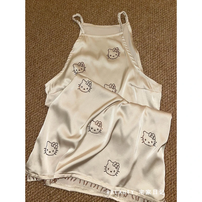 夏季新款少女卡通凯蒂猫印花冰丝吊带睡衣2025年纯欲性感睡裙外穿