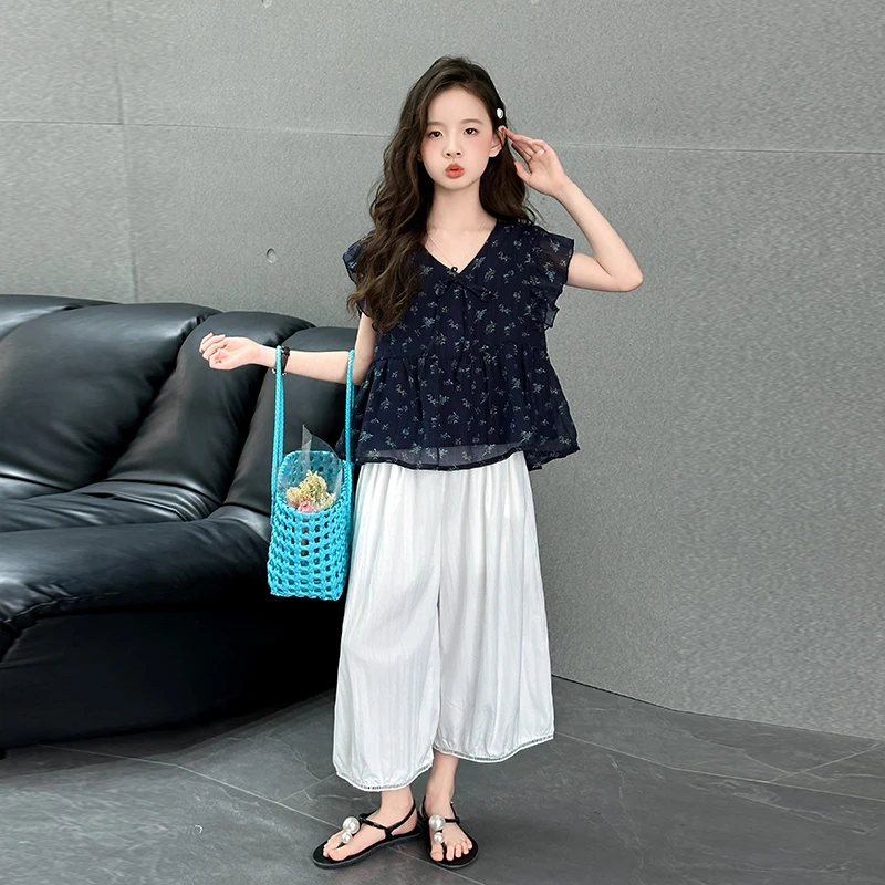 女童夏季韩系碎花娃娃衫套装2025新款儿童6-12休闲薄款七分阔腿裤