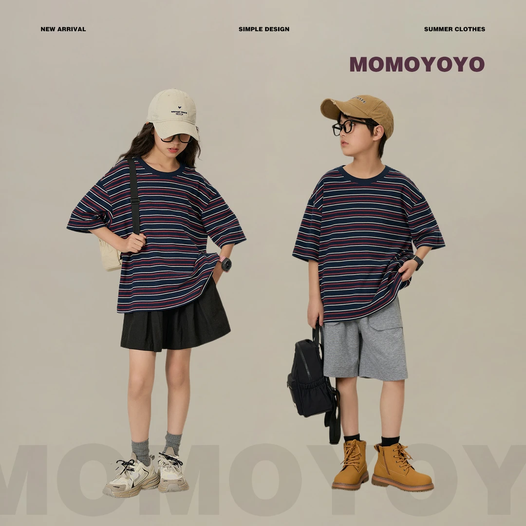 辰辰妈【线条安东尼】条纹T恤百搭撞色宽松显瘦亲子半袖上衣 7790D