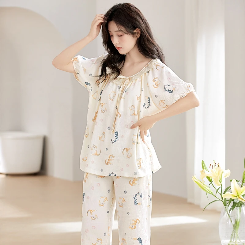 8H7209夏季带胸垫云朵棉短袖七分裤休闲女睡衣家居服套装HMF