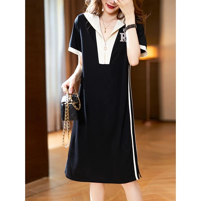 法式大码撞色翻领宽松连衣裙女2025夏季爆款胖mm时尚遮肉显瘦裙子