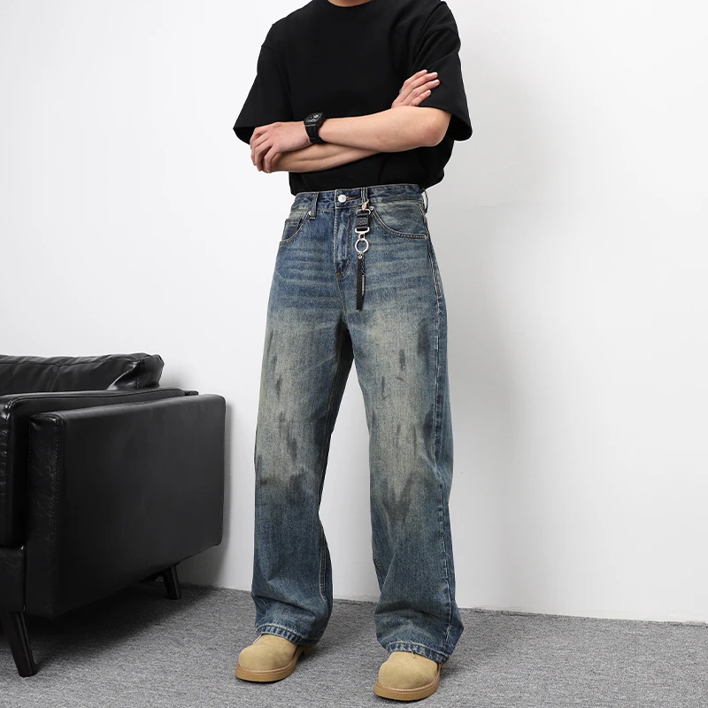 美式复古牛仔裤男水洗蓝色做旧泼墨宽松直筒阔腿裤男生百搭长裤子
