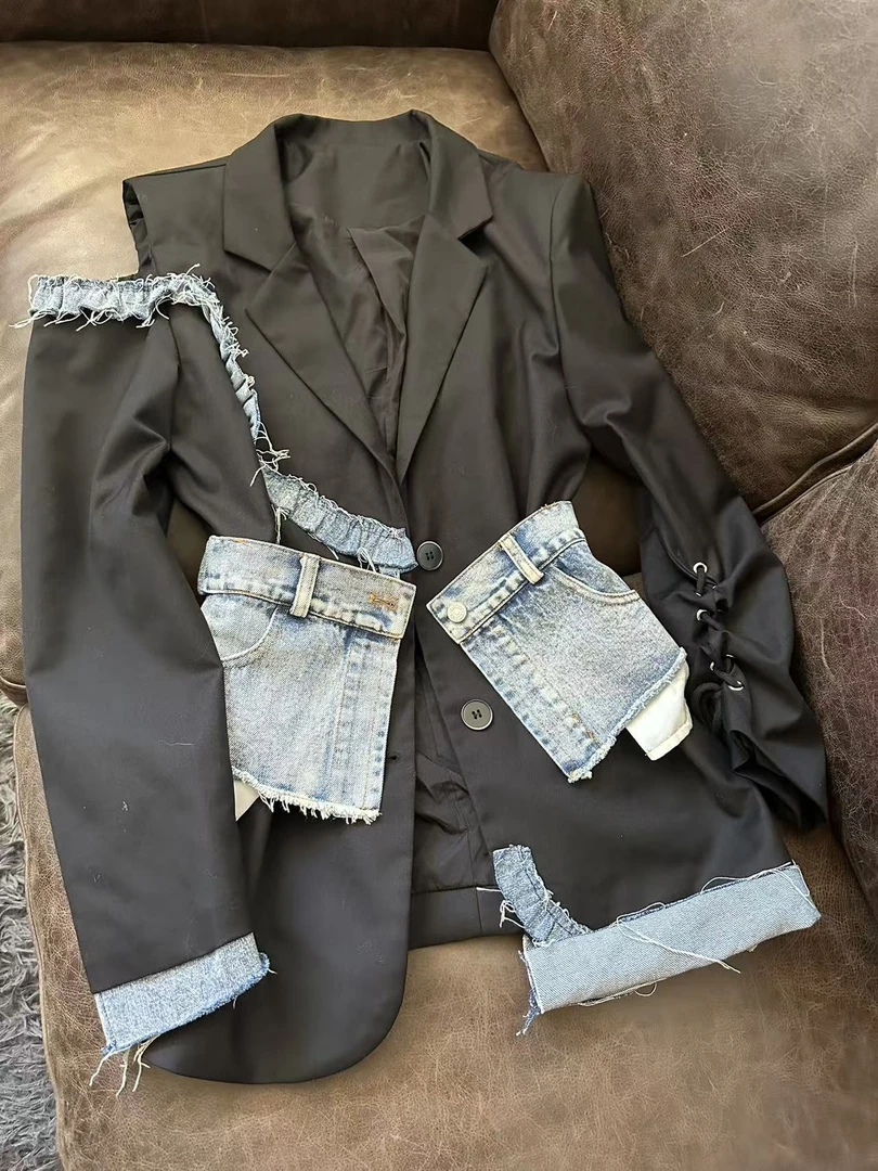A775 蕾丝气质短款时尚女士黑色设计师重工西服外套