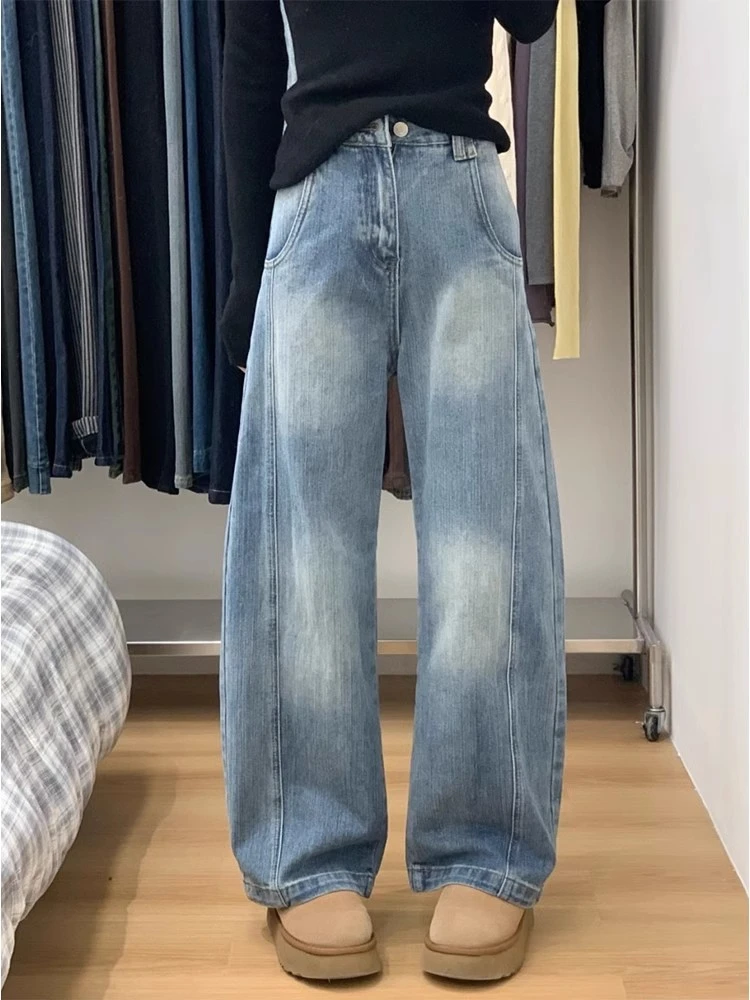 美式复古水洗镰刀牛仔裤女秋冬季新款宽松显瘦纹理感阔腿直筒裤潮