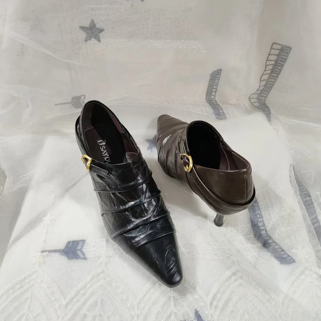 新款真皮褶皱尖头细跟高跟鞋女士百搭时尚通勤及踝靴