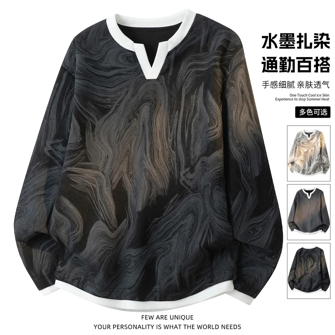 玛斯柏国风水墨扎染V领卫衣男女同款春秋季潮牌重磅假两件上衣服