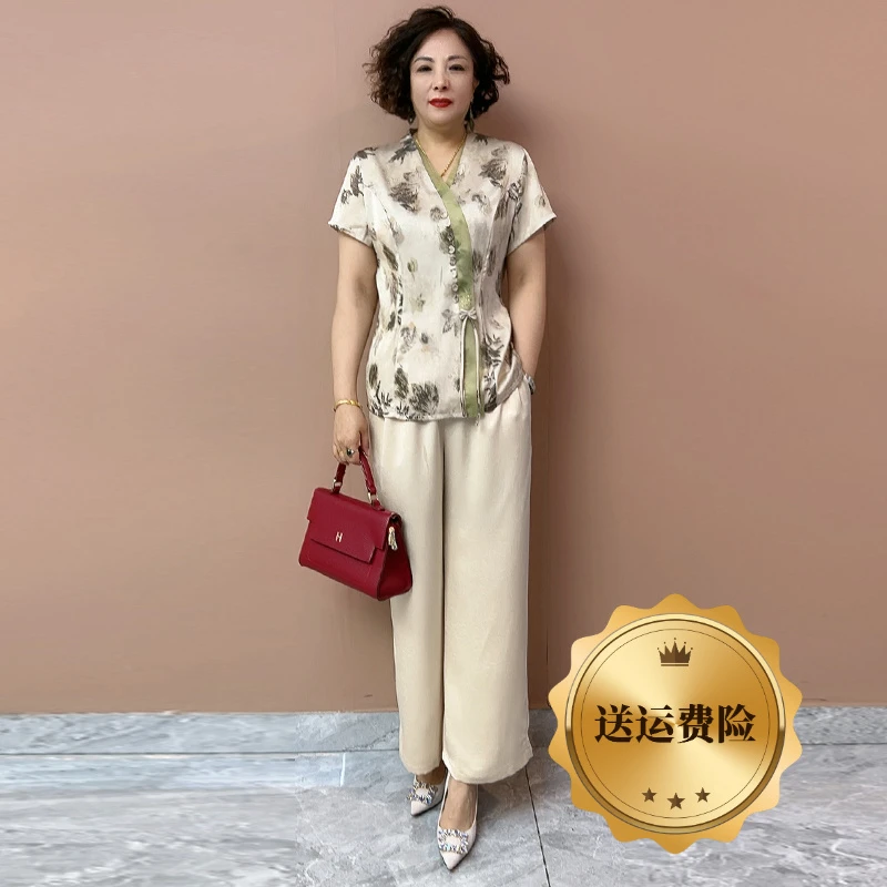 H夏季经典国风改良真丝旗袍衫阔腿裤套装新中式中老年妈妈两件套