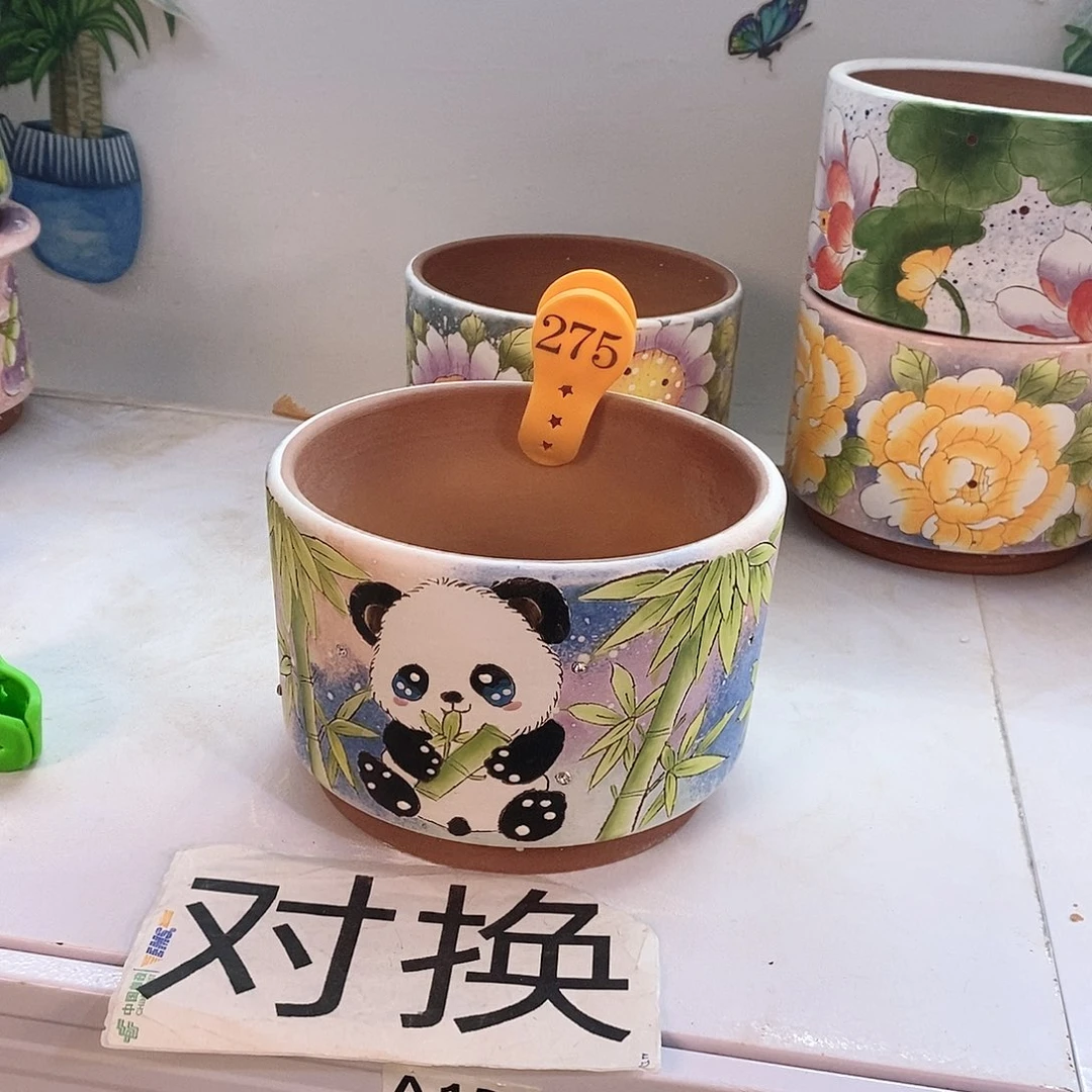 紫砂花盆淡*红陶手绘花盆