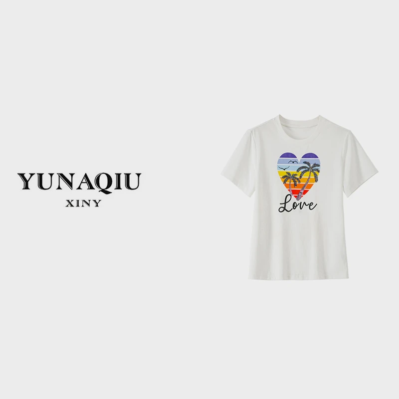 YUNAQIU 休闲时尚百搭T恤简约设计印花舒适圆领短袖-8039