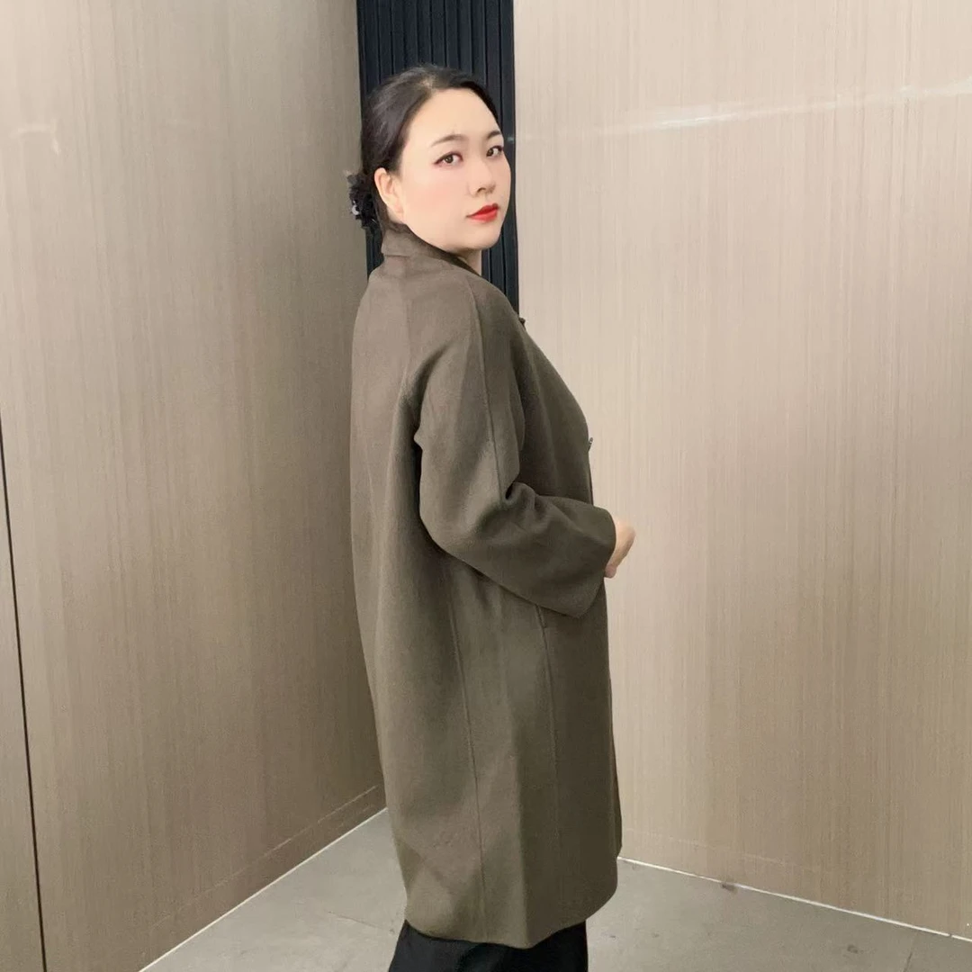 【乔姐严选】纯色长袖常规袖V领秋冬大衣毛百搭外套0002
