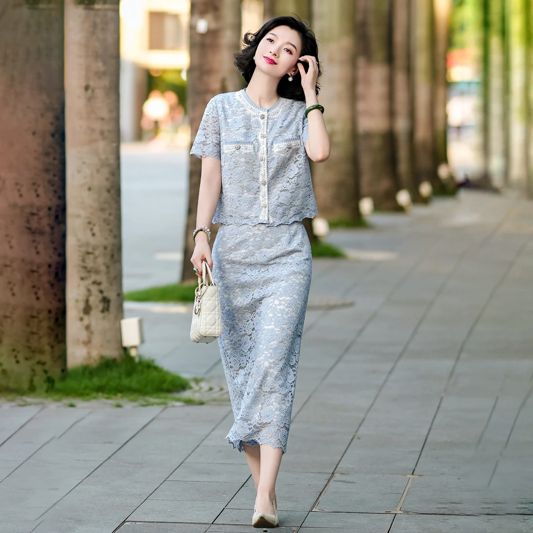 西子/【肌肤之花】法式镂空蕾丝小香风超细棉外套半裙套装/WTTJ132