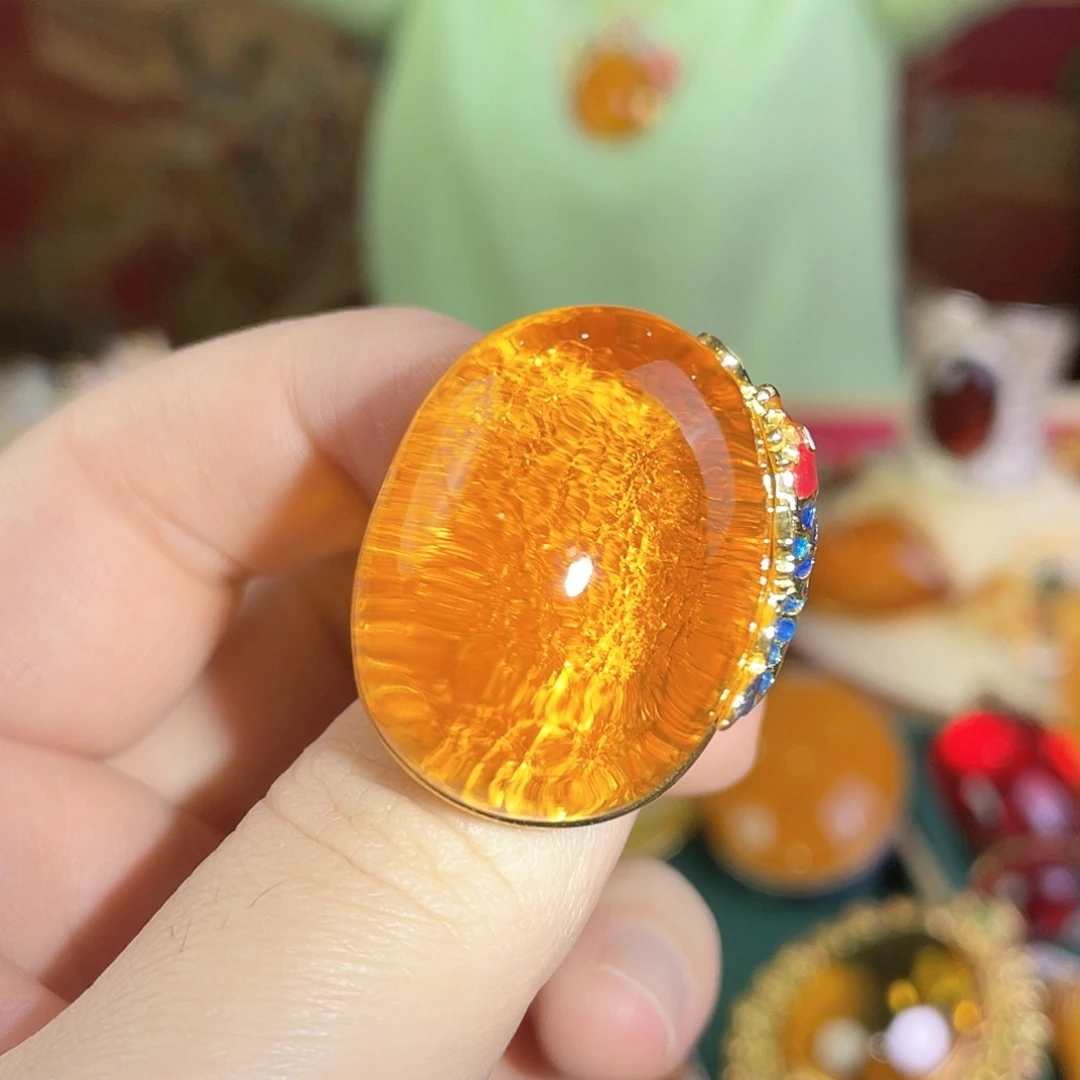 琥珀戒指银S925镀金镶嵌