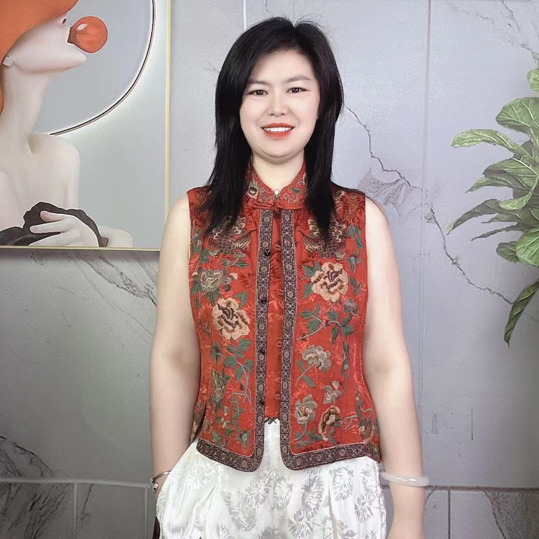 小兰国风新款民族风妈妈装【鸟语花香】时尚百搭复古女士休闲背心