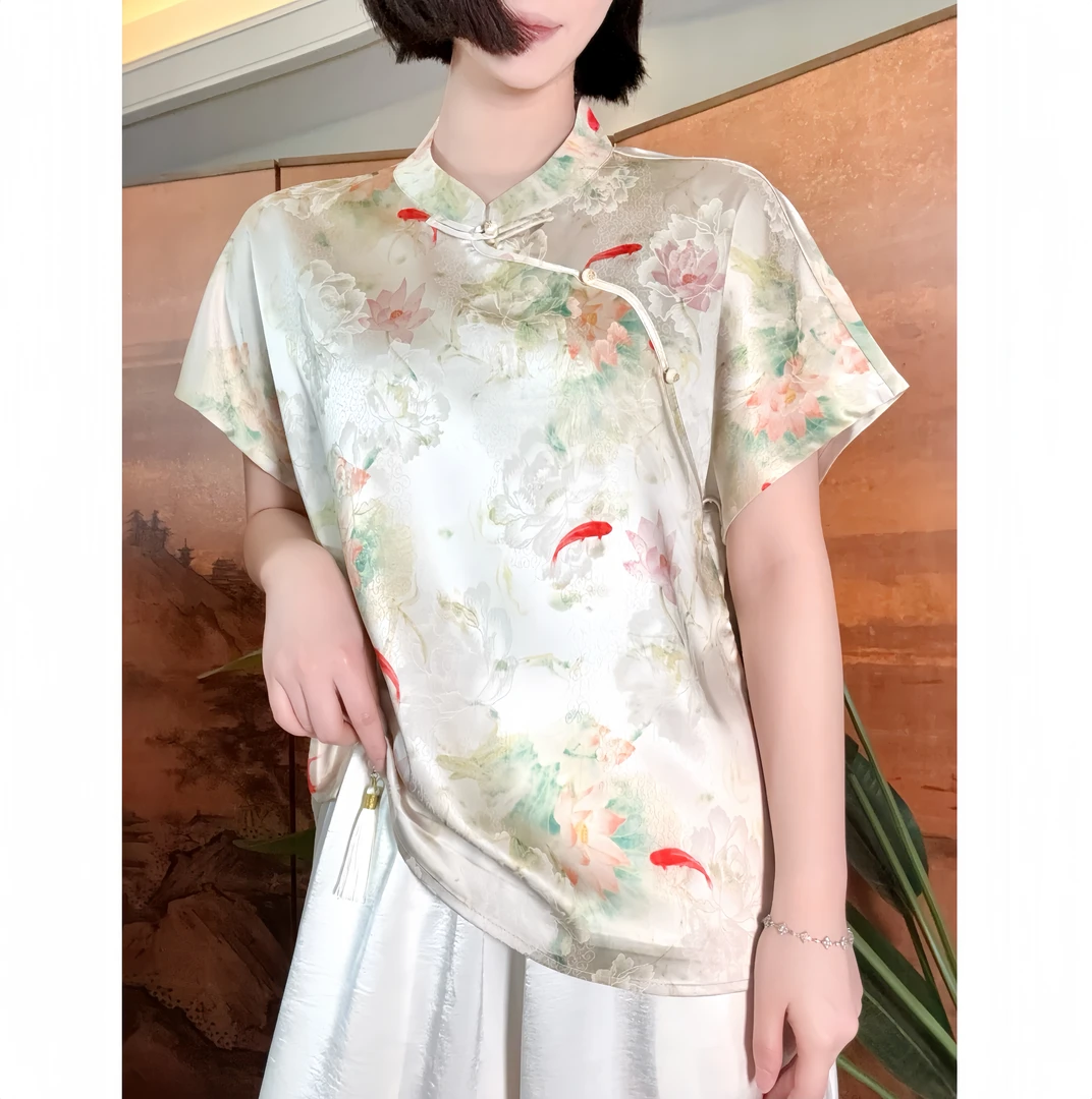 【锦鲤光】新中式短袖小衫丝滑舒适女百搭透气精致提花显瘦日常T恤