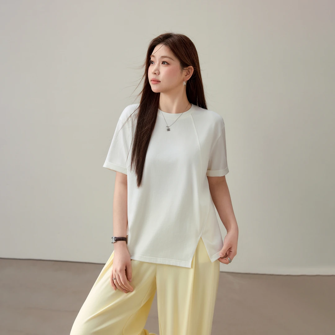 【时髦个性T恤】纤莉秀E大码女装时尚气质圆领不规则百搭T恤QK2555