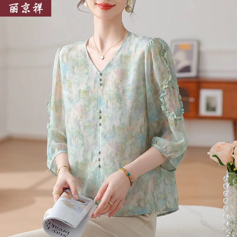 妈妈夏装雪纺衫套装2025新款中老年春夏七分袖上衣气质碎花衬衫女