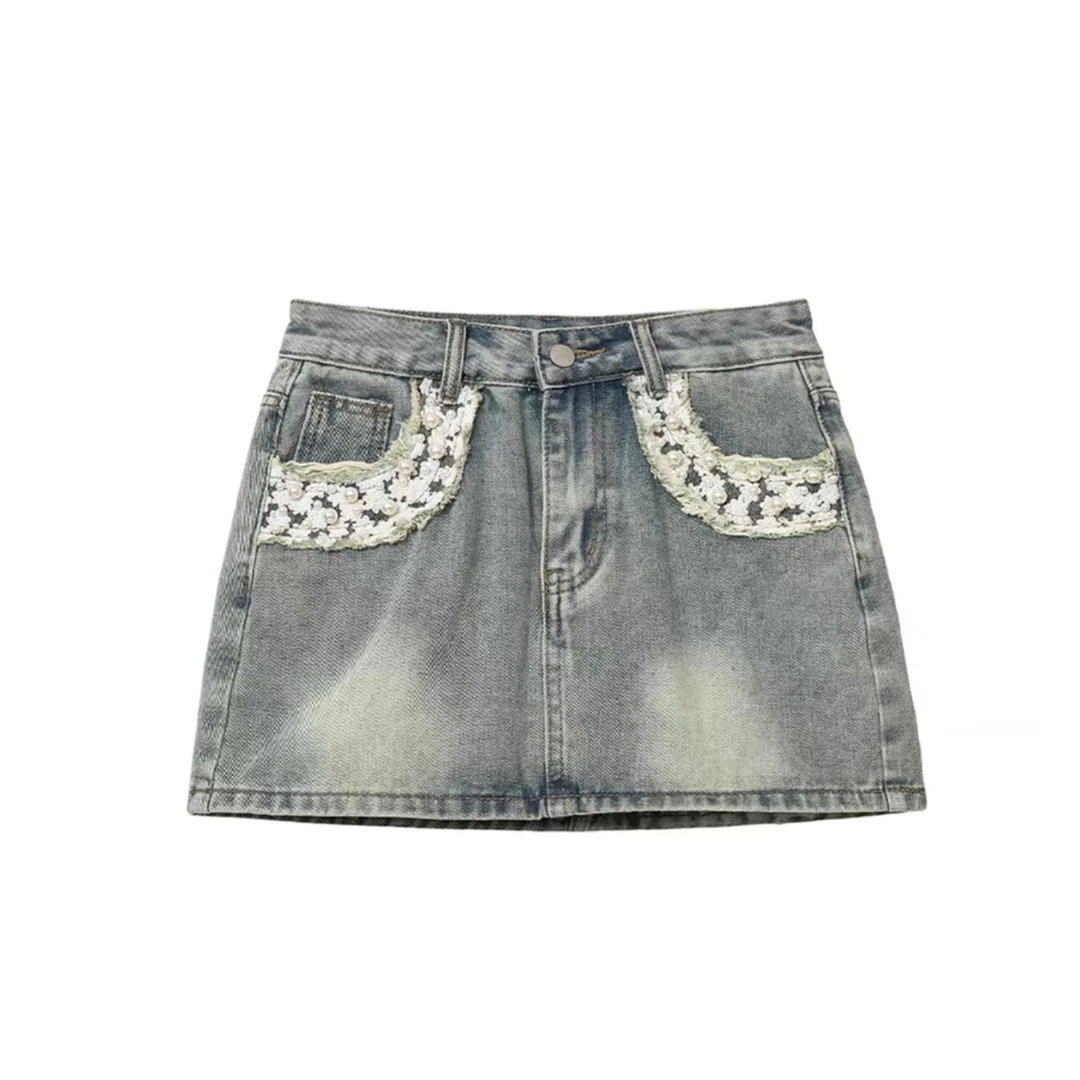 曼曼【甜欲特调】复古做旧钉珠水洗直筒包臀牛仔半身裙