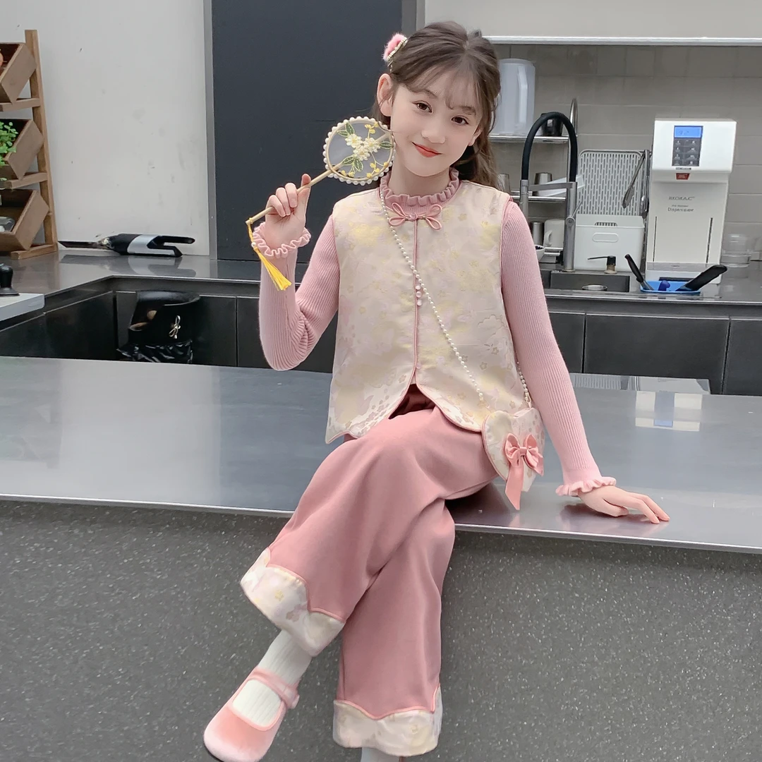 女童秋装装套装2025新款儿童汉服洋气国风加绒加厚女孩冬季两件套