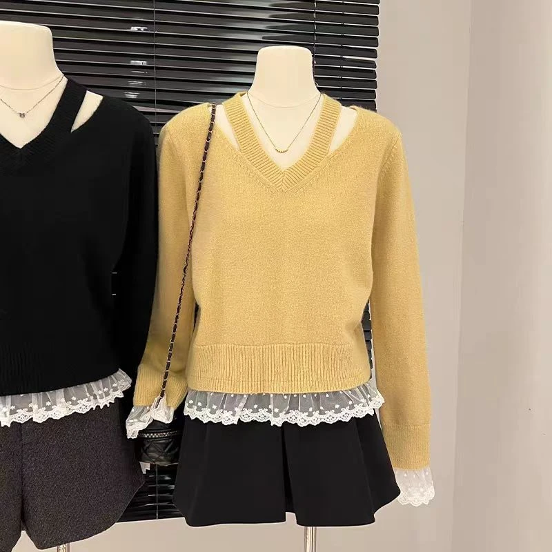 特大码女装蕾丝毛衣拼接宽松针织衫春季新款高级感长袖上衣2121