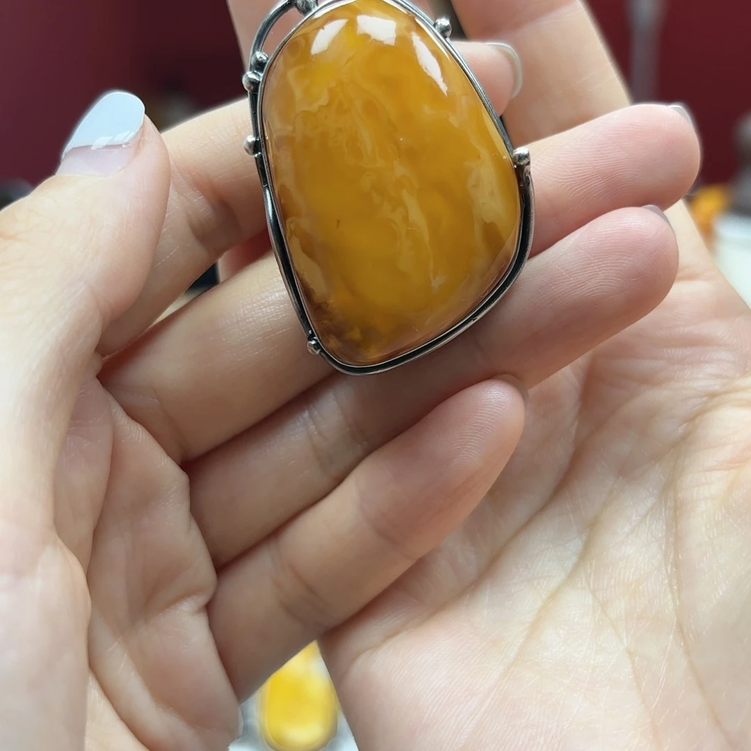 琥珀裸石银S925镶嵌6戒指