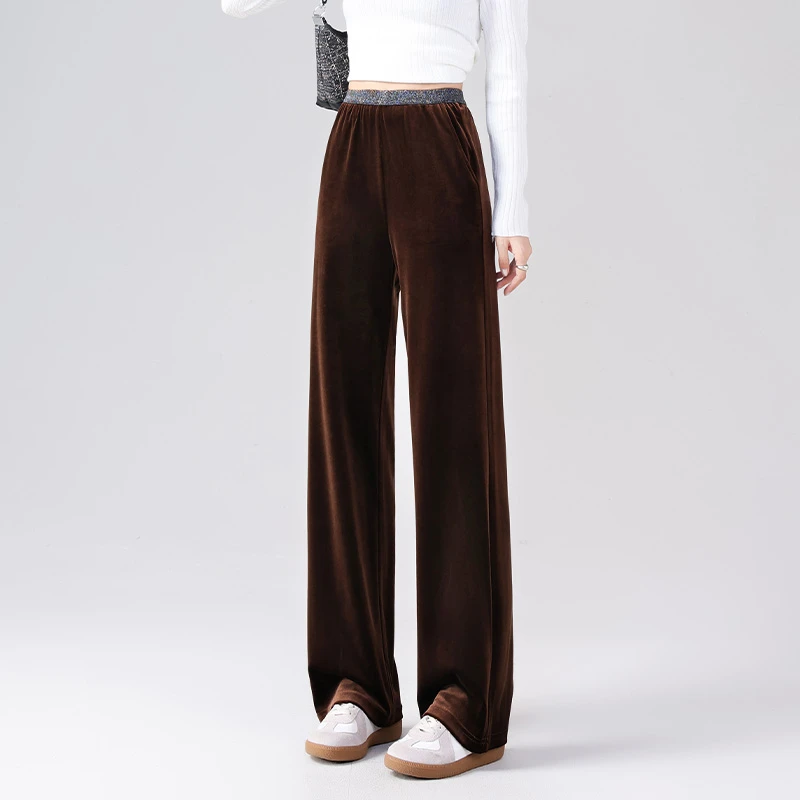 进口咖色金丝绒窄版阔腿裤女春秋冬新款高腰垂感直筒丝绒女士裤子