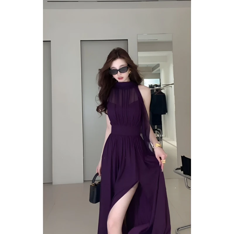 夏季显瘦穿搭气质背心连衣裙长款网纱拼接无袖裙子收腰开叉长裙