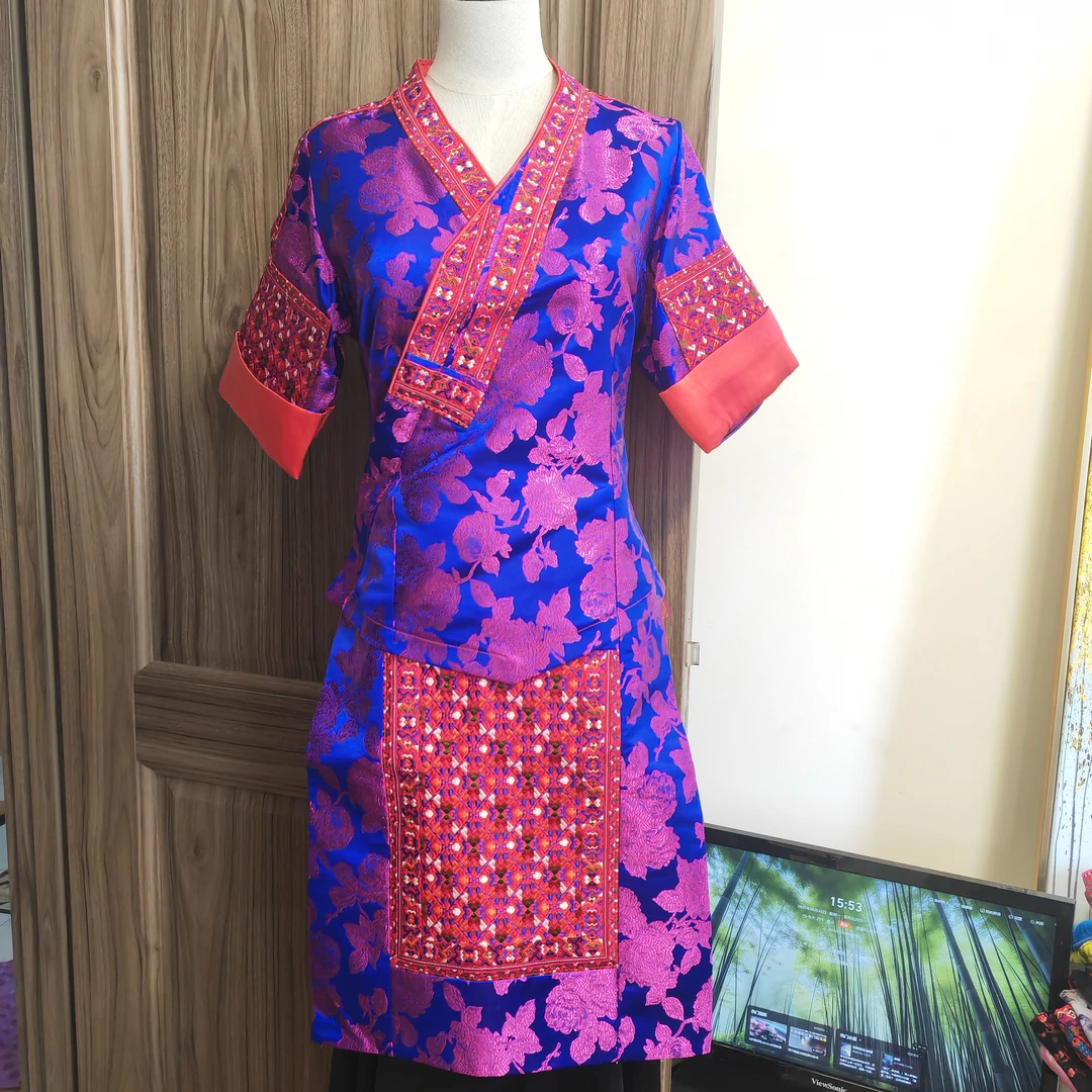 （复古上衣民族风+围布）贵州苗族传统宝蓝色印花短款女装上衣套装