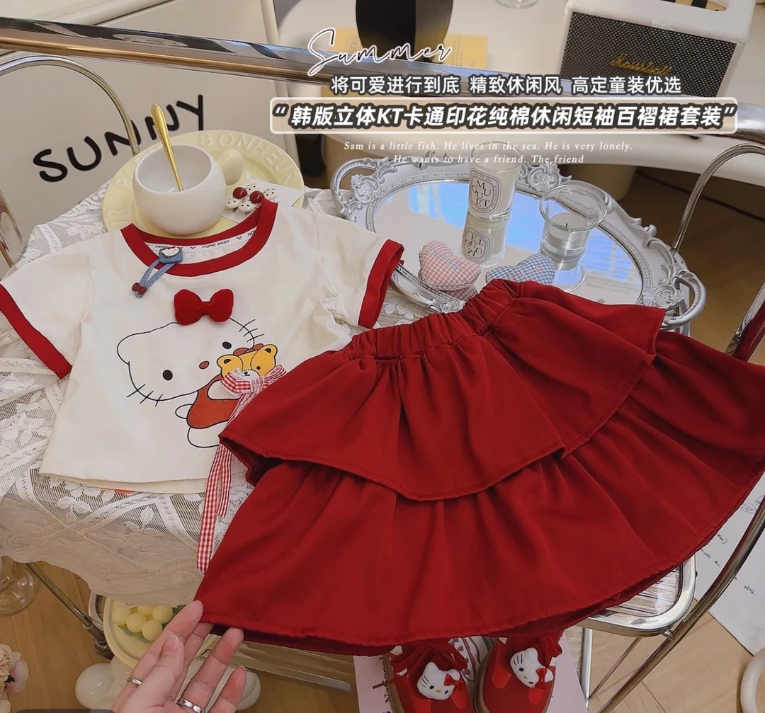新款柏莉熊正品授权小猫红色百褶裙棉上衣套装女童透气柔软