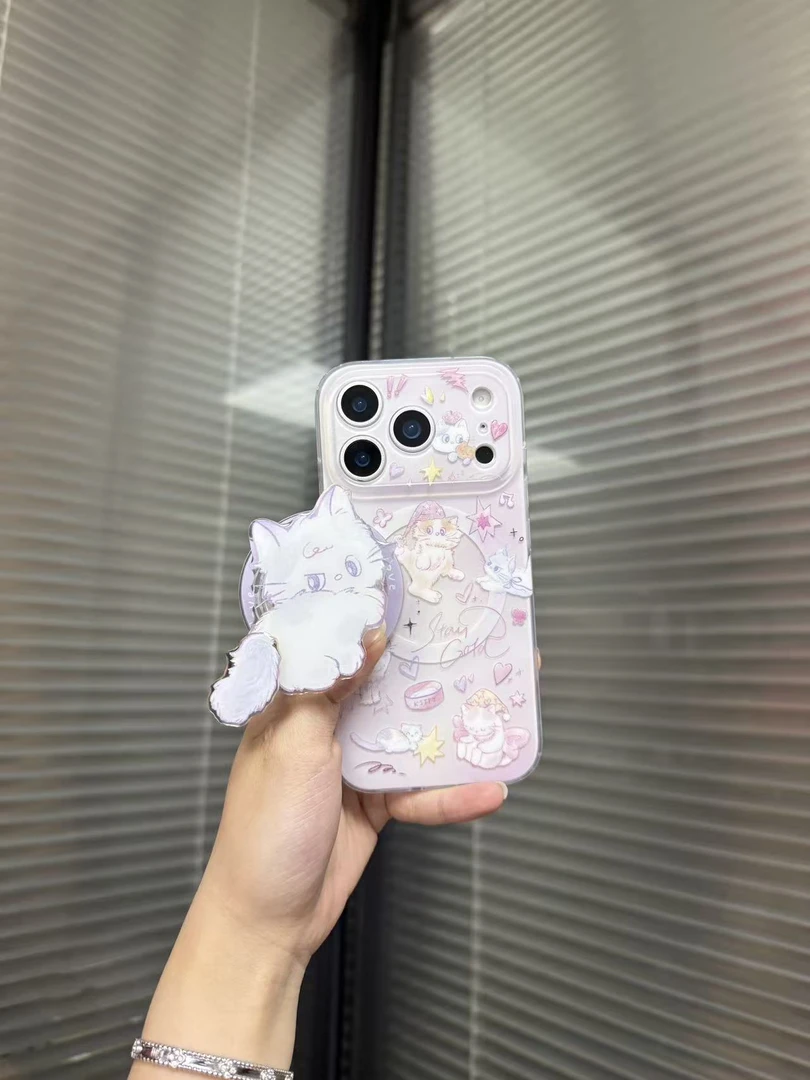 磨砂插画小猫尾巴转转imd双层硬背软边磁吸手机壳一套