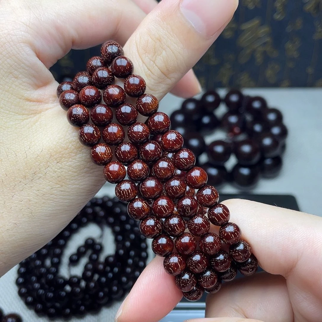 檀香紫檀（小叶紫檀）0.6 108颗 鸡血红泥料 爆满金星