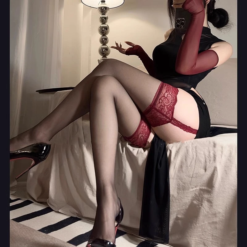 性感红边黑丝吊带一丝袜红色蕾丝白丝过膝长筒袜纯欲高筒过膝袜