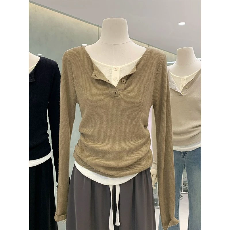 4705假两件长袖针织衫女2025早春新款毛衣修身显瘦洋气时尚上衣女