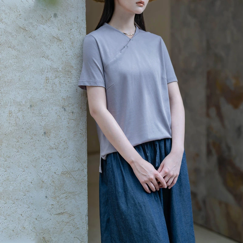 言作原创40支棉麻混纺柔软亲肤V领斜襟新中式T恤上衣 江月无心 二