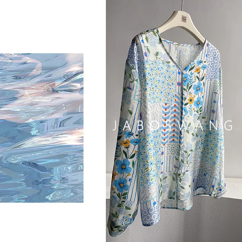 S1211蓝星花衬衫2025夏季新款时尚百搭圆领印花拼接度假风