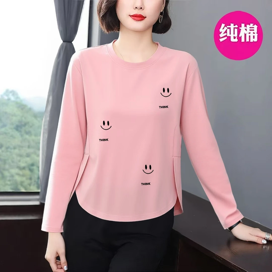 新款减龄100纯棉长袖t恤女秋休闲洋气显瘦遮肚韩版外穿时尚上衣潮