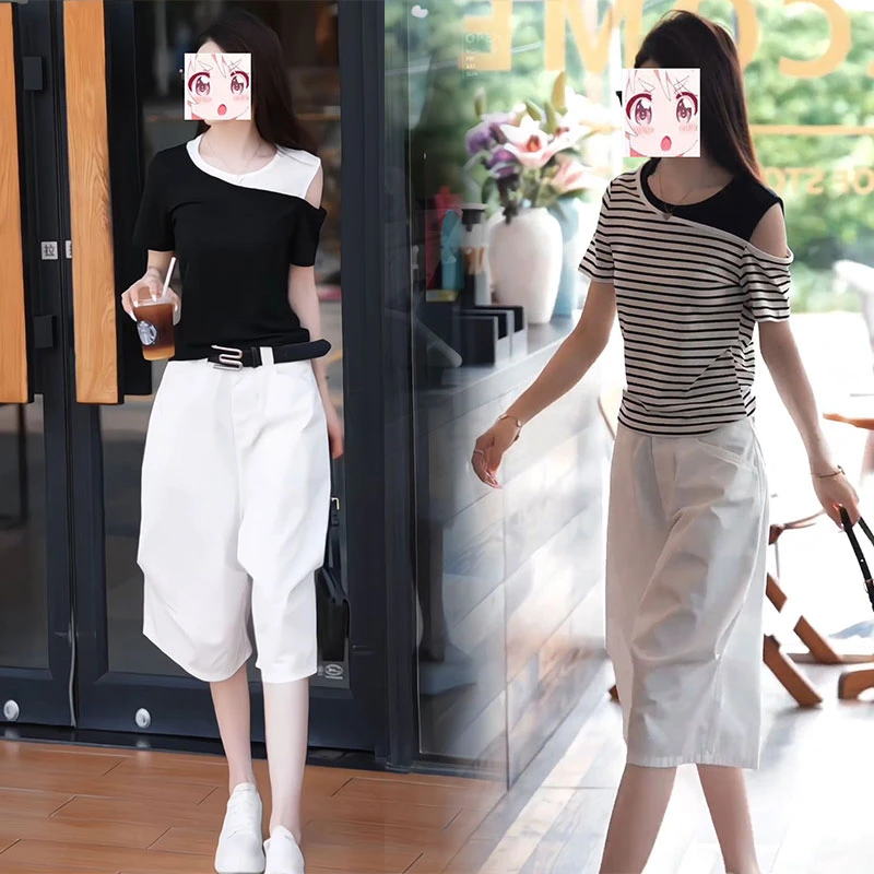 潮流时尚显瘦个性套装撞色露肩短袖T恤高腰宽松中裤炸街夏季穿搭