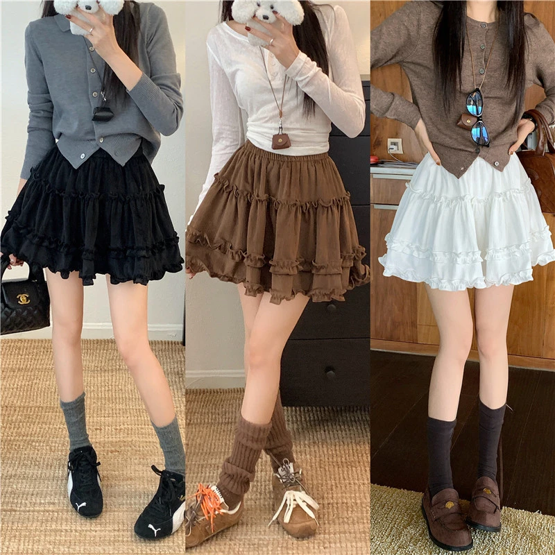 2025秋冬新款韩系木耳花边拼接丝绒半身裙松紧腰A字短裙百搭显瘦