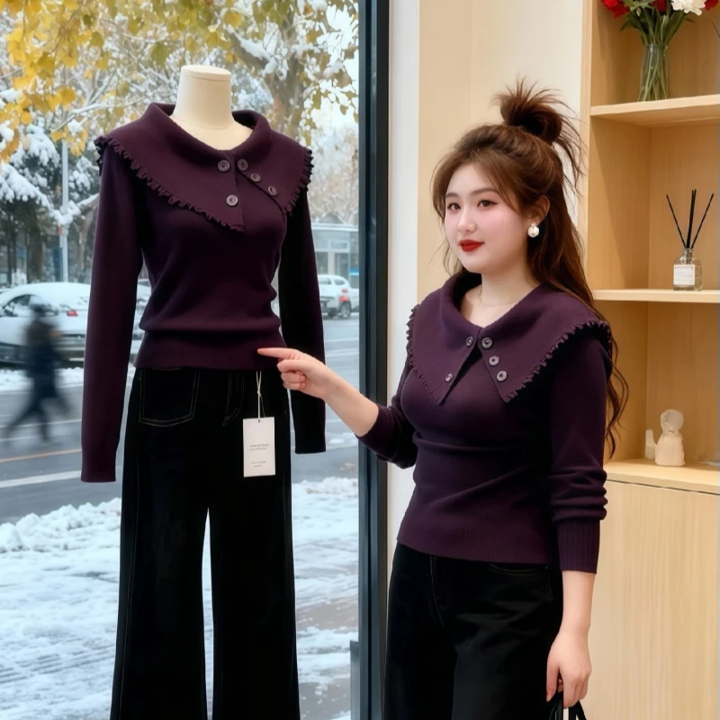 大码女装设计感翻领假两件针织衫毛衣秋冬修身内搭打底衫气质上衣