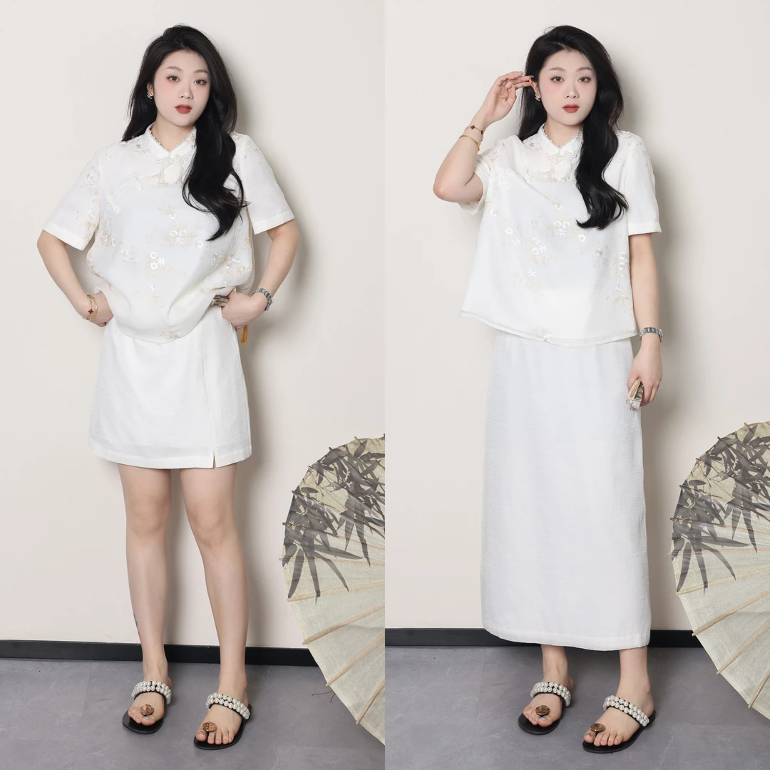 QC宣宣-【漫纱朦胧】微胖大码女夏新中式上衣+长短款半裙 ZY404Q57